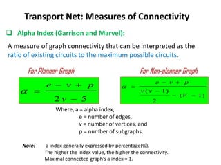 A measure of graph connectivity that can be interpreted as the
ratio of existing circuits to the maximum possible circuits.
 Alpha Index (Garrison and Marvel):
Transport Net: Measures of Connectivity
5
2 



v
p
v
e
 )
1
(
2
)
1
(






V
v
v
p
v
e

For Planner Graph For Non-planner Graph
Where, a = alpha index,
e = number of edges,
v = number of vertices, and
p = number of subgraphs.
Note: a index generally expressed by percentage(%).
The higher the index value, the higher the connectivity.
Maximal connected graph’s a index = 1.
 