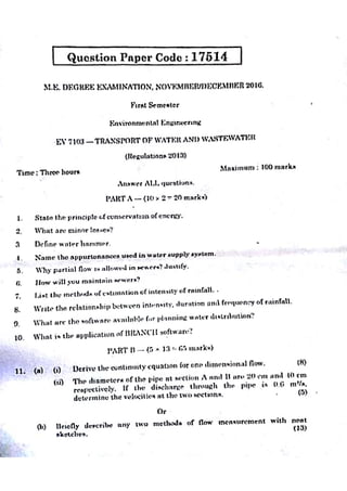Ev5104 Transport of water and wastewater-previous year question paper
