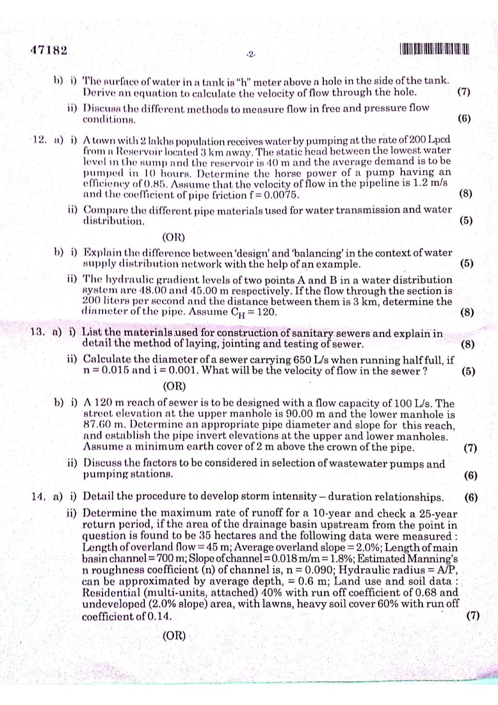 EV5104Transport of water and wastewaterprevious year question paper