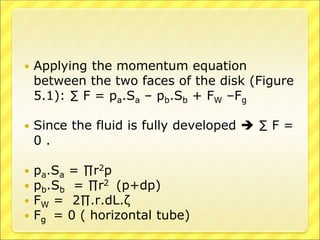  Applying the momentum equation
between the two faces of the disk (Figure
5.1): ∑ F = pa.Sa – pb.Sb + FW –Fg
 Since the fluid is fully developed  ∑ F =
0 .
 pa.Sa = ∏r2p
 pb.Sb = ∏r2 (p+dp)
 FW = 2∏.r.dL.ζ
 Fg = 0 ( horizontal tube)
 