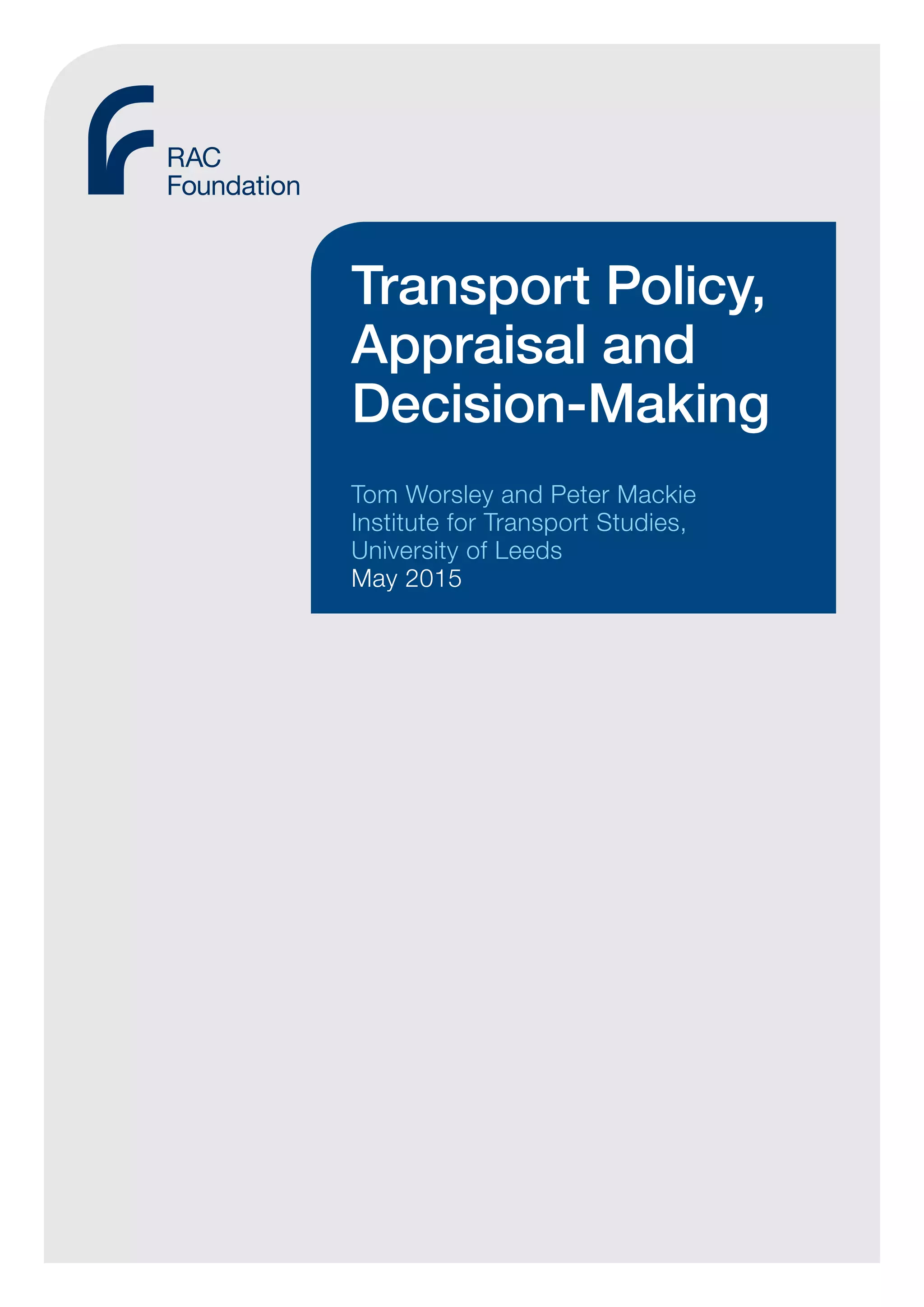 Transport policy appraisal and decision making | PDF