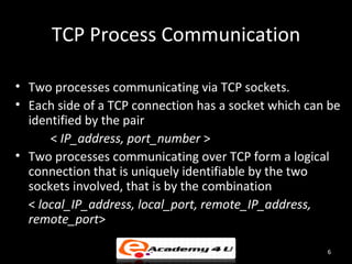 TCP Process Communication

• Two processes communicating via TCP sockets.
• Each side of a TCP connection has a socket which can be
  identified by the pair
      < IP_address, port_number >
• Two processes communicating over TCP form a logical
  connection that is uniquely identifiable by the two
  sockets involved, that is by the combination
  < local_IP_address, local_port, remote_IP_address,
  remote_port>

                                                      6
 
