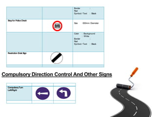 Border :
Red
Symbol / Text : Black
Stopfor PoliceCheck
Size :600mm Diameter
Color : Background
: White
Border :
Red
Symbol / Text : Black
Restriction EndsSign
Compulsory Direction Control And Other Signs
CompulsoryTurn
Left/Right
 