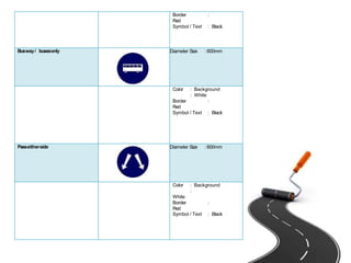 Border :
Red
Symbol / Text : Black
Busway/ busesonly Diameter Size :600mm
Color : Background
: White
Border :
Red
Symbol / Text : Black
Passeitherside Diameter Size :600mm
Color : Background
:
White
Border :
Red
Symbol / Text : Black
 