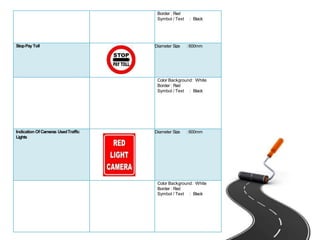 Border : Red
Symbol / Text : Black
StopPayToll Diameter Size :600mm
Color Background: White
Border : Red
Symbol / Text : Black
Indication OfCameras UsedTraffic
Lights
Diameter Size :600mm
Color Background: White
Border : Red
Symbol / Text : Black
 