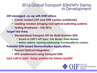 2016 Global Transport SDN/NFV Demo
In Development
OIF-managed, co-op with ONF/others
• Carrier hosted (OIF and ONF carriers worldwide)
• Leading vendors bringing real optical switching systems
• Testing timeframe – Fall 2016
Target Test Area:
• Standardized Transport API for Multi-Domain SDN
• Based on ONF T-API Spec, Info Model, Data Models
• Refine options, naming/addressing, functionality for carriers
Potential SDN-based Demonstration Applications:
• Packet/Optical Integration
• NFV enablement using Transport SDN
Last call to join! Keep posted for future results!
 