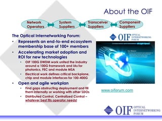About the OIF
The Optical Internetworking Forum:
• Represents an end-to-end ecosystem
membership base of 100+ members
• Accelerating market adoption and
ROI for new technologies
• OIF 100G DWDM work united the industry
around a 100G framework and IAs for
photonics, FEC and module MSA
• Electrical work defines critical backplane,
chip and module interfaces for 100-400G
• Open and agile workplan
• Find gaps obstructing deployment and fill
them internally or working with other SDOs
• Distributed Control, Centralized Control –
whatever best fits operator needs!
www.oiforum.com
Network
Operators
System
Suppliers
Transceiver
Suppliers
Component
Suppliers
 