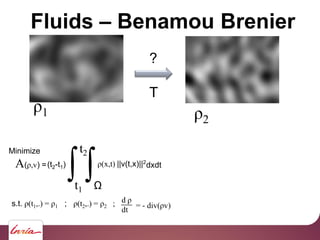 ?
T
Fluids – Benamou Brenier
Minimize
A(ρ,v) =
∫t1
t2
(t2-t1)
∫Ω
ρ(x,t) ||v(t,x)||2
dxdt
s.t. ρ(t1,.) = ρ1 ; ρ(t2,.) = ρ2 ...