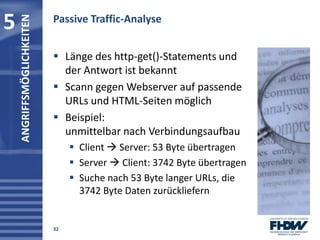 Passive Traffic-Analyse
32
 Länge des http-get()-Statements und
der Antwort ist bekannt
 Scann gegen Webserver auf passe...