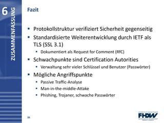  Protokollstruktur verifiziert Sicherheit gegenseitig
 Standardisierte Weiterentwicklung durch IETF als
TLS (SSL 3.1)
 ...