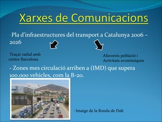 Pla d'infraestructures del transport a Catalunya 2006 – 2026 - Zones mes circulació arriben a (IMD) que supera 100.000 vehicles, com la B-20.  Traçat radial amb centre Barcelona Afavoreix població i Activitats econòmiques · Imatge de la Ronda de Dalt  