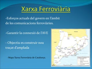 -Esforços actuals del govern en l’àmbit  de les comunicacions ferroviàries. -Garantir la connexió de l’AVE - Objectiu es construir nou  traçat d’amplada · Mapa Xarxa Ferroviària de Catalunya. 