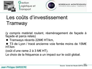 Les coûts d’investissement Tramway  (y compris matériel roulant, réaménagement de façade à façade et parcs relais) Tramways récents 22M€ HT/km, T3 de Lyon / tracé ancienne voie ferrée moins de 15M€ HT/km (coût d’une rame 2 à 3 M€ HT). Le choix de la fréquence a un impact sur le coût global. Source : Extrait de l’étude CERTU 2008 