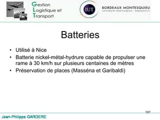 Batteries Utilisé à Nice Batterie nickel-métal-hydrure capable de propulser une rame à 30 km/h sur plusieurs centaines de mètres Préservation de places (Masséna et Garibaldi) 
