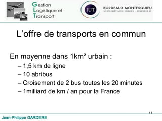 L’offre de transports en commun En moyenne dans 1km² urbain :  1,5 km de ligne 10 abribus Croisement de 2 bus toutes les 20 minutes 1milliard de km / an pour la France 