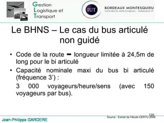 Le BHNS – Le cas du bus articulé non guidé Code de la route    longueur limitée à 24,5m de long pour le bi articulé Capacité nominale maxi du bus bi articulé (fréquence 3’) :  3 000 voyageurs/heure/sens (avec 150 voyageurs par bus). Source : Extrait de l’étude CERTU 2008 