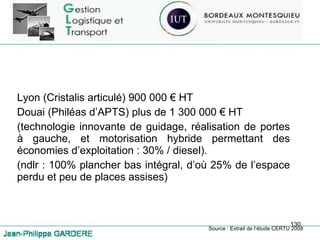 Lyon (Cristalis articulé) 900 000 € HT Douai (Philéas d’APTS) plus de 1 300 000 € HT (technologie innovante de guidage, réalisation de portes à gauche, et motorisation hybride permettant des économies d’exploitation : 30% / diesel). (ndlr : 100% plancher bas intégral, d’où 25% de l’espace perdu et peu de places assises) Source : Extrait de l’étude CERTU 2008 