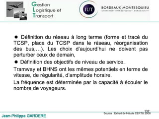 Définition du réseau à long terme (forme et tracé du TCSP, place du TCSP dans le réseau, réorganisation des bus,…). Les choix d’aujourd’hui ne doivent pas perturber ceux de demain, Définition des objectifs de niveau de service. Tramway et BHNS ont les mêmes potentiels en terme de vitesse, de régularité, d’amplitude horaire. La fréquence est déterminée par la capacité à écouler le nombre de voyageurs. Source : Extrait de l’étude CERTU 2008 