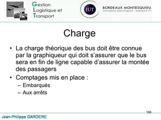 Charge La charge théorique des bus doit être connue par la graphiqueur qui doit s’assurer que le bus sera en fin de ligne capable d’assurer la montée des passagers Comptages mis en place :  Embarqués Aux arrêts 