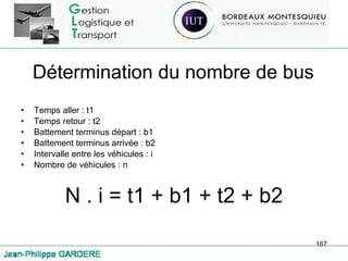 Détermination du nombre de bus Temps aller : t1 Temps retour : t2 Battement terminus départ : b1 Battement terminus arrivée : b2 Intervalle entre les véhicules : i Nombre de véhicules : n N . i = t1 + b1 + t2 + b2 