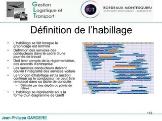 Définition de l’habillage L’habillage se fait lorsque le graphicage est terminé Définition des services des conducteurs dans le cadre d’une journée de travail Doit tenir compte de la réglementation, des accords d’entreprise Les services conducteurs doivent couvrir l’intégralité des services voiture Le tronçon d’habillage est la section continue où le conducteur ne peut être remplacé dans sa tâche de conduite Délimité par des dépôts ou points de relève L’habillage se représente sous la forme d’un diagramme de Gantt 