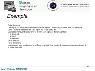 Exemple Grille de repos :  La longueur d’une volée d’escalier est de 94 agents / 12 repos journalier mini = 7,83 repos Donc 12 volets d’escalier de 7,83 repos ou 10 de 8 et 2 de 7 Les repos manquants (pour arriver à 188) sont à placer dans les grilles :  1 le Mercredi 1 le Jeudi 1 le Vendredi 29 le samedi 72 le dimanche Les services sont entrés dans la grille en changeant de service à chaque repose appartenant à la volée d’escalier 