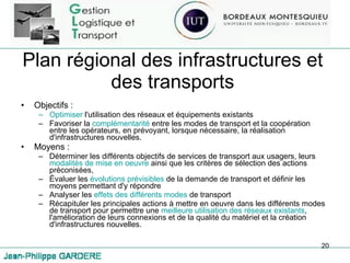 Plan régional des infrastructures et des transports Objectifs :  Optimiser  l'utilisation des réseaux et équipements existants  Favoriser la  complémentarité  entre les modes de transport et la coopération entre les opérateurs, en prévoyant, lorsque nécessaire, la réalisation d'infrastructures nouvelles. Moyens : Déterminer les différents objectifs de services de transport aux usagers, leurs  modalités de mise en oeuvre  ainsi que les critères de sélection des actions préconisées, Évaluer les  évolutions prévisibles  de la demande de transport et définir les moyens permettant d'y répondre Analyser les  effets des différents modes  de transport Récapituler les principales actions à mettre en oeuvre dans les différents modes de transport pour permettre une  meilleure utilisation des réseaux existants , l'amélioration de leurs connexions et de la qualité du matériel et la création d'infrastructures nouvelles.  