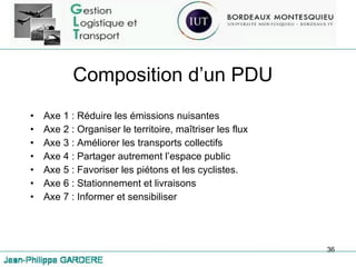 Composition d’un PDU Axe 1 : Réduire les émissions nuisantes Axe 2 : Organiser le territoire, maîtriser les flux Axe 3 : Améliorer les transports collectifs Axe 4 : Partager autrement l’espace public Axe 5 : Favoriser les piétons et les cyclistes. Axe 6 : Stationnement et livraisons Axe 7 : Informer et sensibiliser 