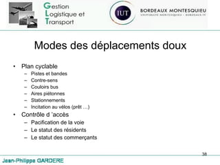 Modes des déplacements doux Plan cyclable Pistes et bandes Contre-sens Couloirs bus Aires piétonnes Stationnements Incitation au vélos (prêt …) Contrôle d ’accès Pacification de la voie Le statut des résidents Le statut des commerçants 