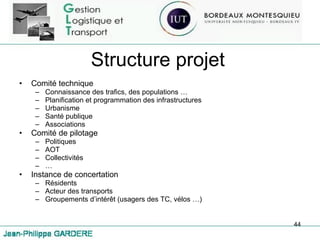 Structure projet Comité technique Connaissance des trafics, des populations … Planification et programmation des infrastructures Urbanisme Santé publique Associations Comité de pilotage Politiques AOT Collectivités … Instance de concertation Résidents Acteur des transports Groupements d’intérêt (usagers des TC, vélos …) 