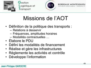 Missions de l’AOT Définition de la politique des transports :  Relations à desservir Fréquences, amplitudes horaires Modalités contractuelles … Élabore le PDU Défini les modalités de financement Réalise et gère les infrastructures Réglemente les activités et contrôle Développe l’information 