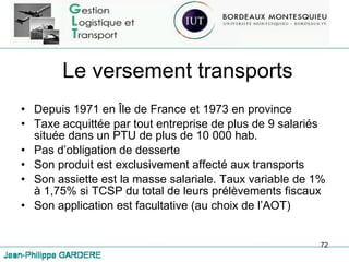 Le versement transports Depuis 1971 en Île de France et 1973 en province Taxe acquittée par tout entreprise de plus de 9 salariés située dans un PTU de plus de 10 000 hab. Pas d’obligation de desserte Son produit est exclusivement affecté aux transports Son assiette est la masse salariale. Taux variable de 1% à 1,75% si TCSP du total de leurs prélèvements fiscaux Son application est facultative (au choix de l’AOT) 