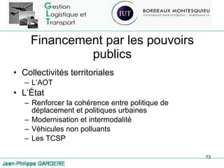 Financement par les pouvoirs publics Collectivités territoriales L’AOT L’État Renforcer la cohérence entre politique de déplacement et politiques urbaines Modernisation et intermodalité Véhicules non polluants Les TCSP 