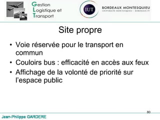 Site propre Voie réservée pour le transport en commun Couloirs bus : efficacité en accès aux feux Affichage de la volonté de priorité sur l’espace public 