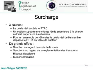Surcharge 3 causes :  Le poids réel excède le PTAC Un essieu supporte une charge réelle supérieure à la charge autorisé supérieure à cet essieu Pour un ensemble de véhicules le poids réel de l’ensemble dépasse le PTRA du véhicule tracteur De grands effets :  Sanction au regard du code de la route Sanctions au regard de la réglementation des transports Risques d’accident Surconsommation 
