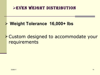 Even weight distribution Weight Tolerance  16,000+ lbs Custom designed to accommodate your requirements 