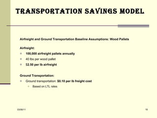 TRANSPORTATION SAVINGS MODEL Airfreight and Ground Transportation Baseline Assumptions: Wood Pallets Airfreight: 100,000 airfreight pallets annually 40 lbs per wood pallet $ 2.50 per lb airfreight   Ground Transportation: Ground transportation:  $0.10 per lb freight cost Based on LTL rates 