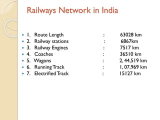 Railways Network in India








1.
2.
3.
4.
5.
6.
7.

Route Length
Railway stations
Railway Engines
Coaches
Wagons
Running Track
Electrified Track

:
:
:
:
:
:
:

63028 km
6867km
7517 km
36510 km
2, 44,519 km
1, 07,969 km
15127 km

 