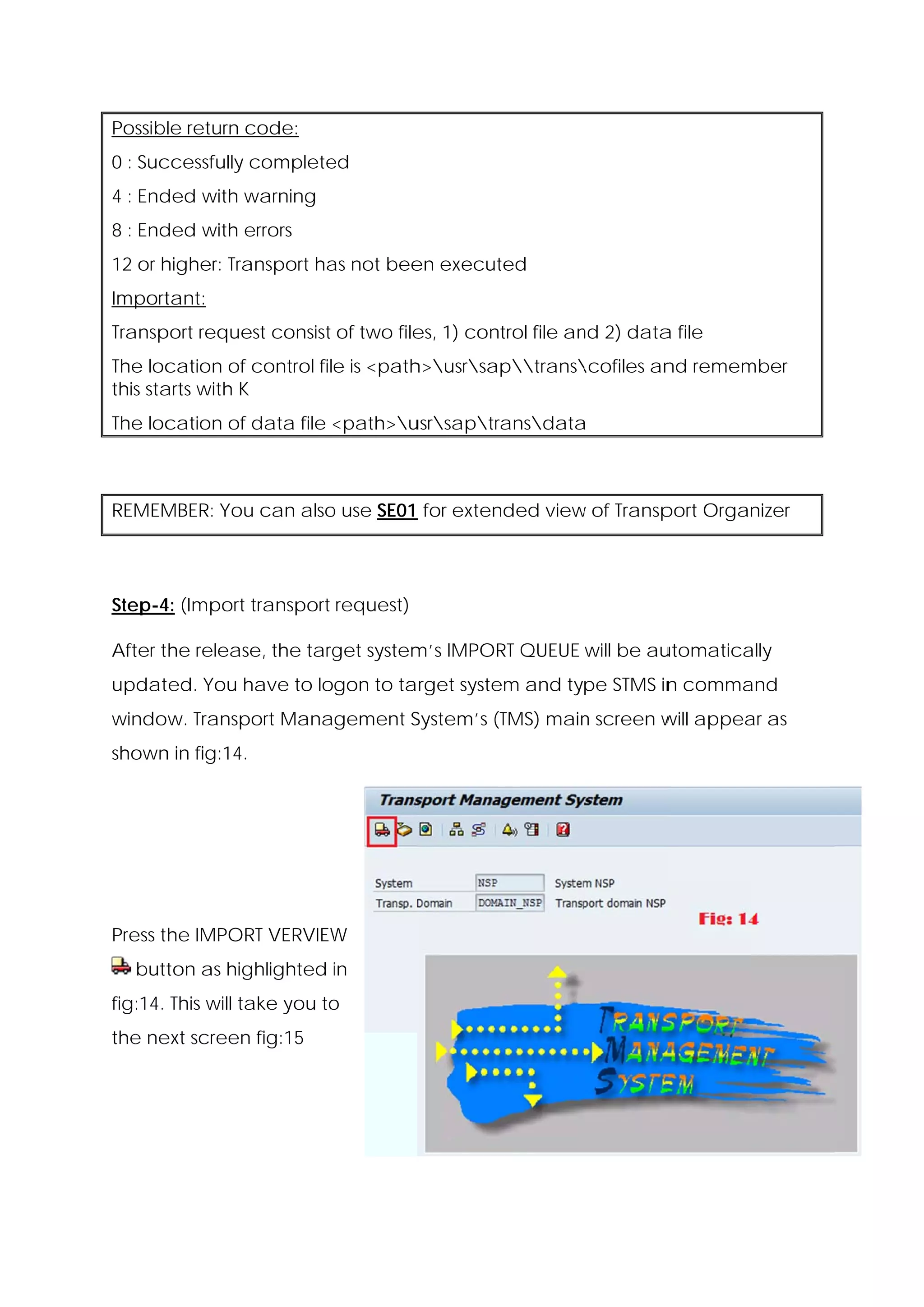 Possible return c
                code:
0 : Suc
      ccessfully c
                 complete
                        ed
4 : End
      ded with w
               warning
8 : End
      ded with e
               errors
12 or h
      higher: Tra
                ansport ha not bee execut
                         as      en     ted
Import
     tant:
Transp
     port reque consist of two file 1) control file an 2) data file
              est                 es,                nd      a
The loccation of control file is <path
                                     h>usrsap
                                              ptrans
                                                      cofiles an remem
                                                                nd    mber
this sta with K
       arts
The loc
      cation of data file <path>u
                          <      usrsaptransdata
                                                  a



REMEM
    MBER: You can also use SE01 for exten
            u        o                  nded view of Transp
                                                w         port Organizer




Step-4 (Import transport request)
     4:

After the release the targ system IMPOR QUEUE will be au
                e,       get    m’s   RT               utomatica
                                                               ally
updat
    ted. You h
             have to logon to ta rget syste and type STMS in comma
                                          em               n     and
window. Transport Management S
                             System’s (T
                                       TMS) main screen w appea as
                                               n        will  ar
shown in fig:14.
    n




Press the IMPOR VERVIEW
              RT      W
     ton as hig
  butt        ghlighted in
                        i
fig:14. This will ta you to
                   ake    o
the ne screen fig:15
     ext
 