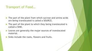 Transport of Food…


The part of the plant from which sucrose and amino acids
are being translocated is called a SOURCE.



The part of the plant to which they being translocated is
called a SINK.



Leaves are generally the major sources of translocated
material.



Sinks include the roots, flowers and fruits.

 