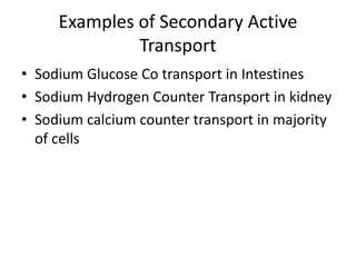 Examples of Secondary Active
Transport
• Sodium Glucose Co transport in Intestines
• Sodium Hydrogen Counter Transport in kidney
• Sodium calcium counter transport in majority
of cells
 