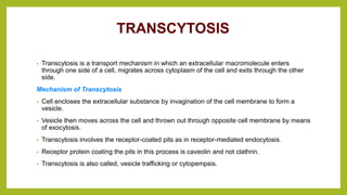 TRANSCYTOSIS
• Transcytosis is a transport mechanism in which an extracellular macromolecule enters
through one side of a cell, migrates across cytoplasm of the cell and exits through the other
side.
Mechanism of Transcytosis
• Cell encloses the extracellular substance by invagination of the cell membrane to form a
vesicle.
• Vesicle then moves across the cell and thrown out through opposite cell membrane by means
of exocytosis.
• Transcytosis involves the receptor-coated pits as in receptor-mediated endocytosis.
• Receptor protein coating the pits in this process is caveolin and not clathrin.
• Transcytosis is also called, vesicle trafficking or cytopempsis.
 