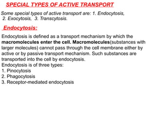 SPECIAL TYPES OF ACTIVE TRANSPORT
Some special types of active transport are: 1. Endocytosis,
2. Exocytosis, 3. Transcytosis.
Endocytosis:
Endocytosis is defined as a transport mechanism by which the
macromolecules enter the cell. Macromolecules(substances with
larger molecules) cannot pass through the cell membrane either by
active or by passive transport mechanism. Such substances are
transported into the cell by endocytosis.
Endocytosis is of three types:
1. Pinocytosis
2. Phagocytosis
3. Receptor-mediated endocytosis
 