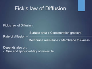 Fick's law of Diffusion
Fick's law of Diffusion
Surface area x Concentration gradient
Rate of diffusion =
Membrane resistance x Membrane thickness
Depends also on:
- Size and lipid-solubility of molecule.
 