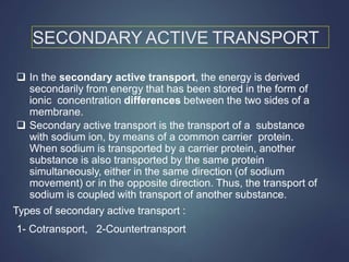 SECONDARY ACTIVE TRANSPORT
 In the secondary active transport, the energy is derived
secondarily from energy that has been stored in the form of
ionic concentration differences between the two sides of a
membrane.
 Secondary active transport is the transport of a substance
with sodium ion, by means of a common carrier protein.
When sodium is transported by a carrier protein, another
substance is also transported by the same protein
simultaneously, either in the same direction (of sodium
movement) or in the opposite direction. Thus, the transport of
sodium is coupled with transport of another substance.
Types of secondary active transport :
1- Cotransport, 2-Countertransport
 