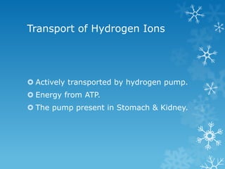 Transport of Hydrogen Ions
 Actively transported by hydrogen pump.
 Energy from ATP.
 The pump present in Stomach & Kidney.
 