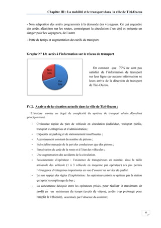 Chapitre III : La mobilité et le transport dans la ville de Tizi
- Non adaptation des arrêts programmé
des arrêts aléatoires sur les routes, contraignant la circulation d’un côté et présente un
danger pour les voyageurs, de l’autre
- Perte de temps et augmentation des tarifs du transport.
Graphe N° 13: Accès à
IV.2. Analyse de la situation actuelle dans la ville de Tizi
L’analyse montre un degré de complexité du système de transport urbain découlant
principalement :
- Croissance rapide du parc de véhicule en
transport d’entreprises et d’administration
- Capacités de parking et de stationnement insuffisantes
- Accroissement constant du nombre de piétons
- Indiscipline marquée de la part des conducteurs que des piétons
- Banalisation du code de la route et à l’état des véhicules
- Une augmentation des accidents de la circulation.
- Foisonnement d’opérateur : l’existence de transporteurs en nombre, ainsi la taille
artisanale des véhicule (1 à 3 véhicule en moyenne par opér
l’émergence d’entreprises importantes en vue d’assurer un service de qualité.
- Le non respect des règles d’exploitation
qu’après le remplissage du bus
- La concurrence déloyale entre
profit en un minimum du temps (excès de
remplir le véhicule
Oui
70%
Non
30%
Chapitre III : La mobilité et le transport dans la ville de Tizi
Non adaptation des arrêts programmés à la demande des voyageurs. Ce qui engendre
des arrêts aléatoires sur les routes, contraignant la circulation d’un côté et présente un
danger pour les voyageurs, de l’autre
Perte de temps et augmentation des tarifs du transport.
Accès à l’information sur le réseau de transport
On constate que 70% ne sont pas
satisfait de l’information de transport
sur leur ligne car aucune information ne
leurs arrive de la direction de transport
de Tizi-Ouzou.
nalyse de la situation actuelle dans la ville de Tizi-Ouzou
montre un degré de complexité du système de transport urbain découlant
roissance rapide du parc de véhicule en circulation (individuel, transport public,
transport d’entreprises et d’administration ;
apacités de parking et de stationnement insuffisantes ;
ccroissement constant du nombre de piétons ;
ndiscipline marquée de la part des conducteurs que des piétons ;
analisation du code de la route et à l’état des véhicules ;
ne augmentation des accidents de la circulation.
oisonnement d’opérateur : l’existence de transporteurs en nombre, ainsi la taille
artisanale des véhicule (1 à 3 véhicule en moyenne par opérateur) n’a pas permis
l’émergence d’entreprises importantes en vue d’assurer un service de qualité.
Le non respect des règles d’exploitation : les opérateurs privés ne quittent pas la station
qu’après le remplissage du bus ;
La concurrence déloyale entre les opérateurs privés, pour réaliser le maximum de
profit en un minimum du temps (excès de vitesse, arrêts trop prolongé pour
remplir le véhicule), accentuée par l’absence du contrôle;
Oui
70%
Chapitre III : La mobilité et le transport dans la ville de Tizi-Ouzou
65
s à la demande des voyageurs. Ce qui engendre
des arrêts aléatoires sur les routes, contraignant la circulation d’un côté et présente un
On constate que 70% ne sont pas
de l’information de transport
sur leur ligne car aucune information ne
direction de transport
:
montre un degré de complexité du système de transport urbain découlant
circulation (individuel, transport public,
oisonnement d’opérateur : l’existence de transporteurs en nombre, ainsi la taille
ateur) n’a pas permis
l’émergence d’entreprises importantes en vue d’assurer un service de qualité.
: les opérateurs privés ne quittent pas la station
pour réaliser le maximum de
arrêts trop prolongé pour
 