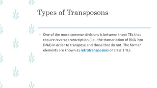 Types of Transposons
– One of the more common divisions is between those TEs that
require reverse transcription (i.e., the transcription of RNA into
DNA) in order to transpose and those that do not. The former
elements are known as retrotransposons or class 1 TEs
 