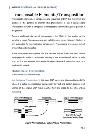 SYED MUHAMMAD KHAN (BS HONS. ZOOLOGY)
pg. 1
Transposable Elements/Transposition
Transposable elements, or transposons are sequences of DNA that move from one
location in the genome to another (this phenomenon is called transposition).
Transposition is when a transposon / transposable element changes its position in
the genome.
Barbara McClintock discovered transposons in the 1940s in her studies on the
genetics of maize. Transposons are also called jumping genes (although this term is
only applicable for non-replicative transposons). Transposons are present in both
prokaryotes and eukaryotes.
Some transposons carry genes that are valuable to their hosts, the most familiar
being genes for antibiotic resistance. Not only is this a clear benefit to the bacterial
host, but it is also valuable to molecular biologists because it makes the transposon
much easier to track.
Mechanisms of Transposition:
Transposition occurs in two ways:
Non-Replicative Transposition: In this case, DNA leaves one place and jumps to the
other, it is called non-replicative transposition (or “cut and paste”) because both
strands of the original DNA move together from one place to the other without
replicating.
Figure: Non-replicative / Cut and Paste Transposition.
 