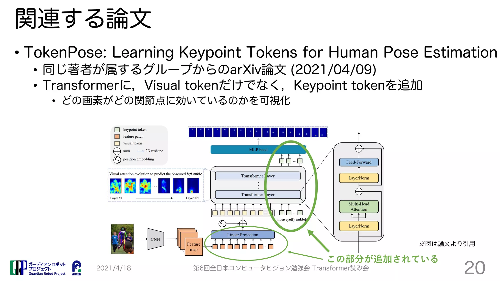 関連する論文
• TokenPose: Learning Keypoint Tokens for Human Pose Estimation
• 同じ著者が属するグループからのarXiv論文 (2021/04/09)
• Transformerに，Visual tokenだけでなく，Keypoint tokenを追加
• どの画素がどの関節点に効いているのかを可視化
2021/4/18 第6回全日本コンピュータビジョン勉強会 Transformer読み会
20
この部分が追加されている
※図は論文より引用
 